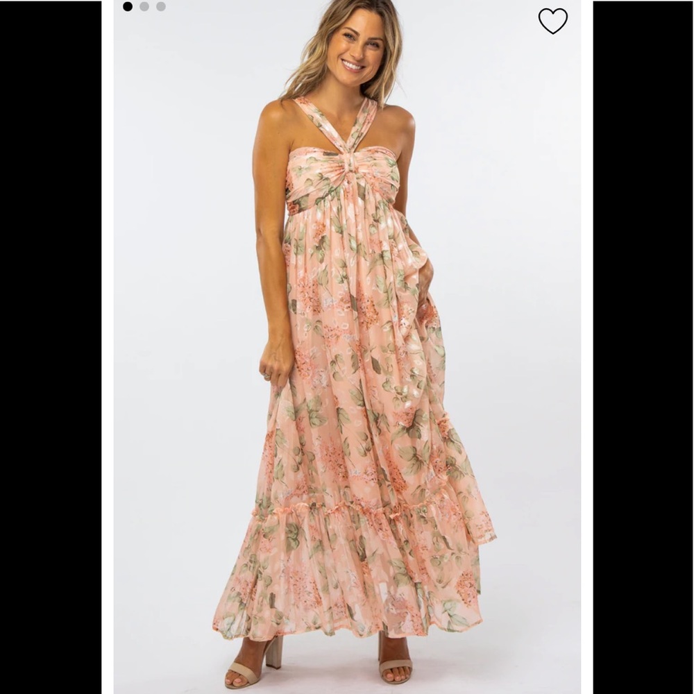 Pink Blush Maternity Peach Floral Chiffon Halter Neck Gown/Maxi Dress
